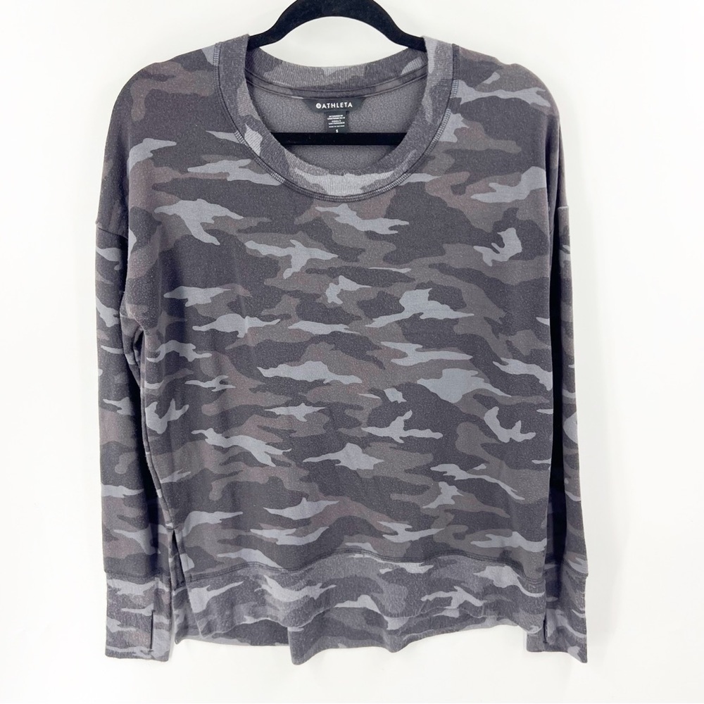 ✅ ATHLETA WOMEN'S GRAY CAMO LUX LONG SLEEVE BALANCE PULLOVER SWEATSHIRT SMALL‎